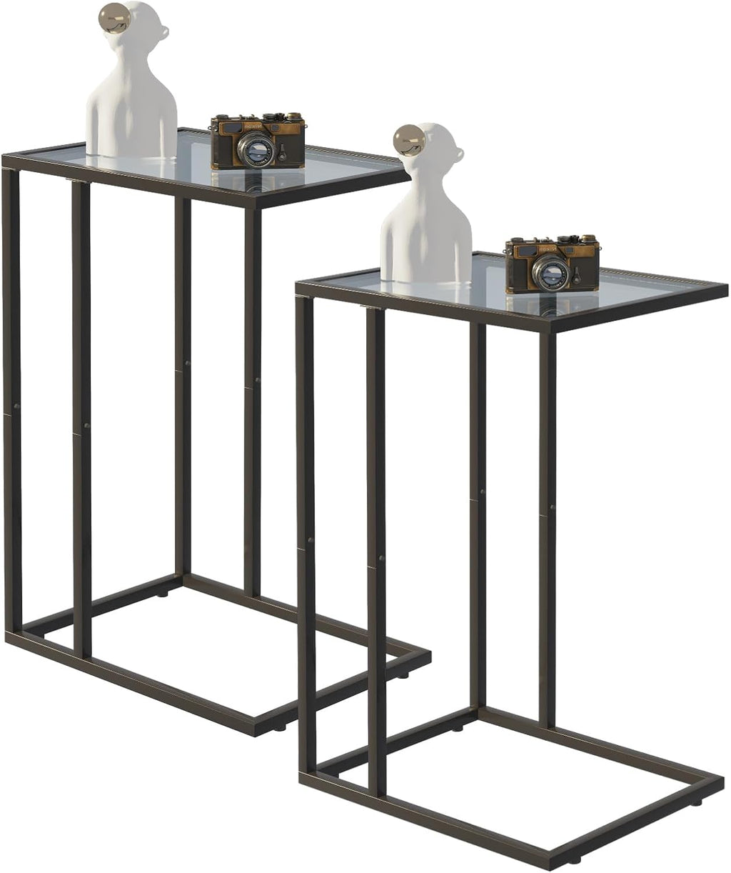 Easy Paws C Shaped End Table Set of 2, Tempered Glass Snack Side Table with Metal Frame, Sofa Couch Side Table, Modern Style, Black by Easy Paws