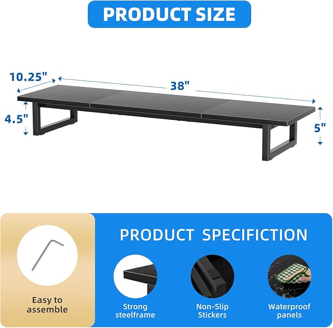 Simple Trending 38" Dual Monitor Stand Riser, Desk Organizer, Black | Laptop & Printer Stand, for 2 Monitors, Wood and Steel, Ergonomic Support, Easy Setup, Home Office Desk, 38"W x 10.25"D x 5"H - Image 3