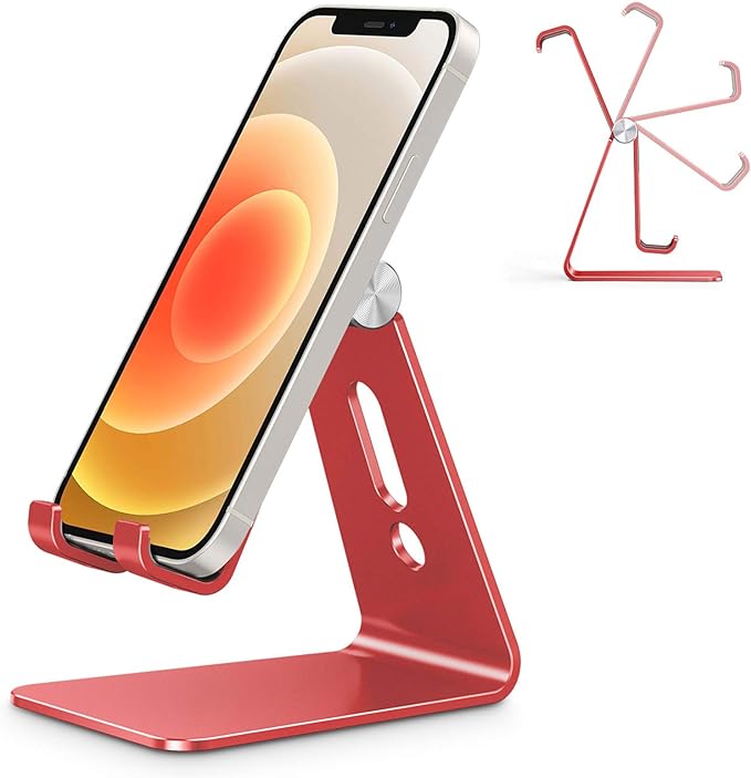 OMOTON C2 Adjustable Aluminum Cell Phone Stand with Charging Cutout, Red | Sturdy 3mm Aluminum, Charging Port, 270° Adjustable, Non-Slip Silicone Pads, Works with Thick Cases, for All Smartphones by OMOTON