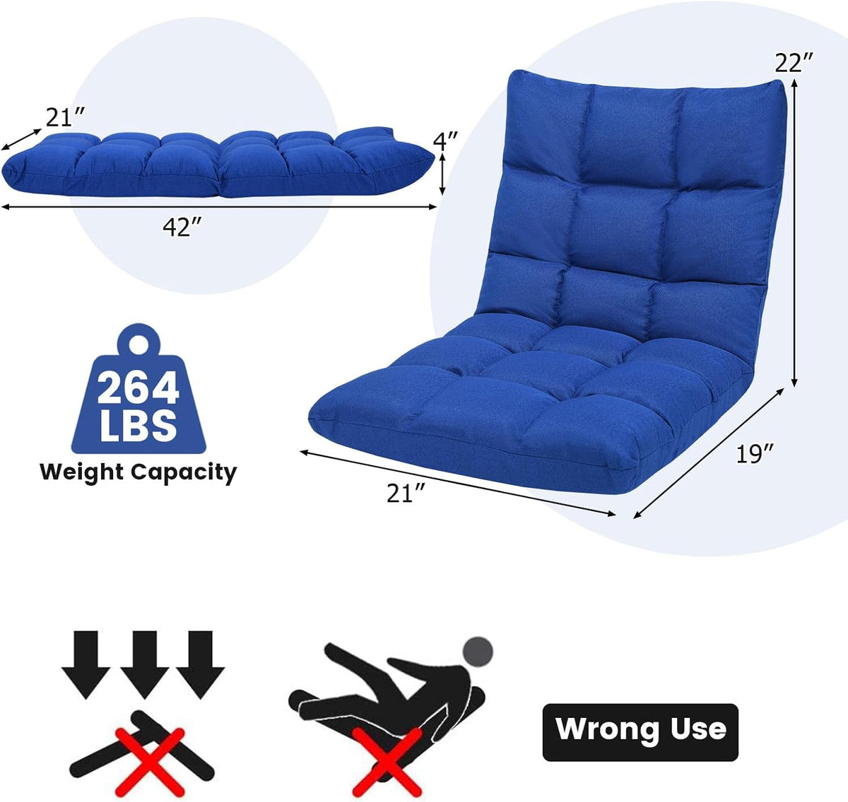 Floor Chair with Back Support, Adjustable Folding Gaming Chair - 14-Position Cushioned Lazy Sofa for TV, Reading, Meditating, Video Gaming - 264 lbs Capacity - Image 3