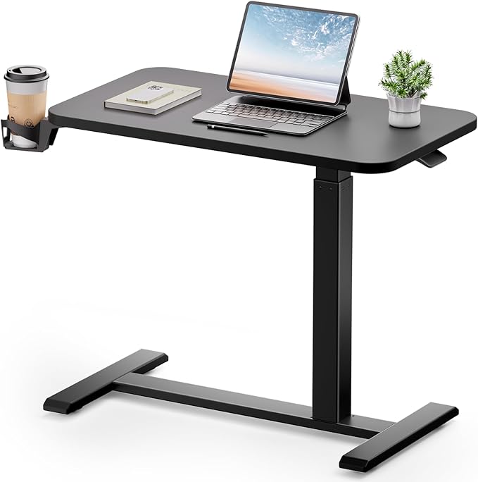 GTPLAYER Small Standing Desk with Hidden Wheels, Pneumatic Mobile Rolling Laptop Desk, Adjustable Height Overbed Bedside Table Computer Workstation for Home Office (32" W x 16" D, Black) by GTPLAYER