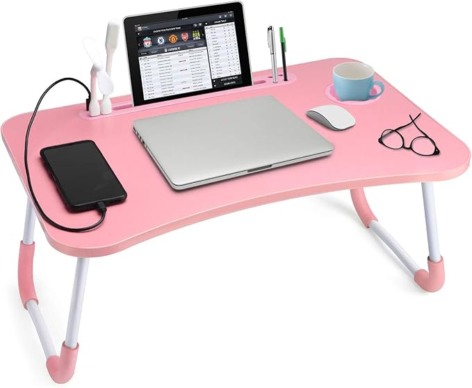 Slendor Foldable Lap Desk with Cup Holder for Bed, Couch, Floor | Portable,with USB Light, Fan, Pen Holder,Tablet Holder,for Laptop,Writing,Eating, Pink by Slendor