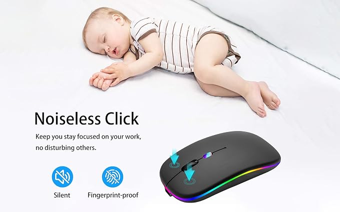 AIKOKOK Wireless Bluetooth Mouse, Rechargeable Dual Mode Mouse, Black | BT 5.2 & 2.4G USB Receiver, 3 Adjustable DPI,LED Lights,Slim,Silent,Portable Computer Mouse for Laptop,PC,MacBook,iPad,Tablet - Image 4