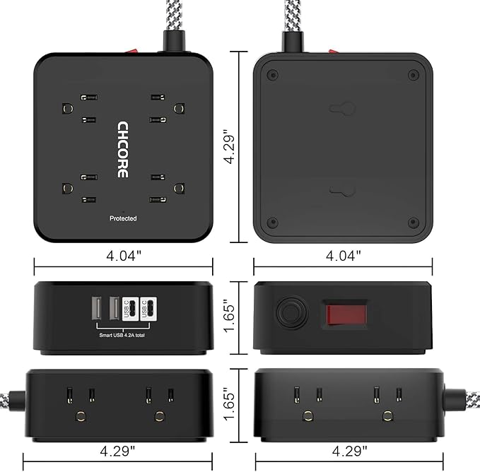 Surge Protector Power Strip - CHCORE 5Ft Braided Extension Cord with 8 Outlets with 4 USB (2 USB C) Charging Ports, Flat Plug Multi Plug Outlet Extender Charging Station for Home Office, ETL, Black - Image 7