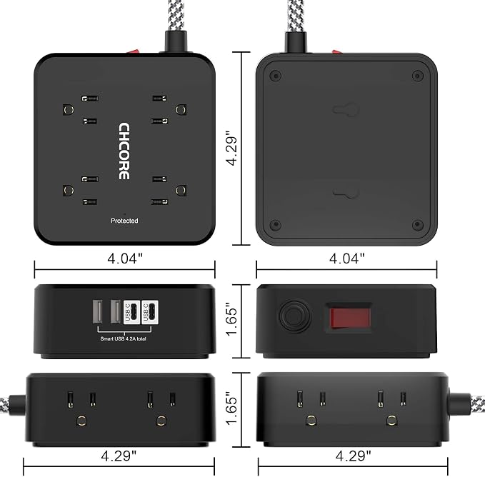 Surge Protector Power Strip - CHCORE 6Ft Braided Extension Cord with 8 Outlets with 4 USB (2 USB C) Charging Ports, Flat Plug Multi Plug Outlet Extender Charging Station for Home Office, ETL, Black - Image 7