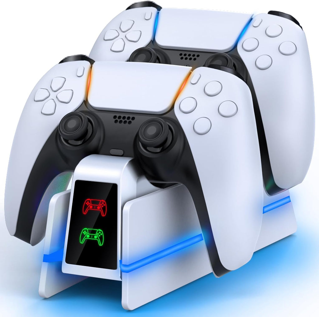 PS5-Controller-Charger-Station - Charging Station for PlayStation 5 Dualsense/Edge Controller with 9 Color Led Light, Fast Charging Dock & Holder Stand for PS5/Slim/Pro Remote - Whole White by RJAD