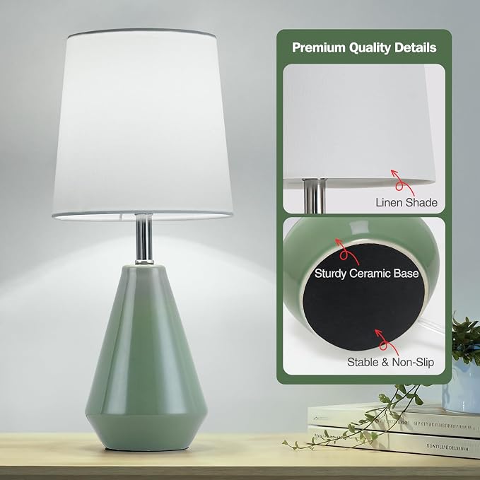 Small Bedside Table Lamp for Bedroom - Reading Desk Lamp with 3 Color Temperatures，15.5" Nightstand Ceramic Lamp with Fabric Shade for Kids Room,Living Room,Dorm,Home Office (Green+White) - Image 5