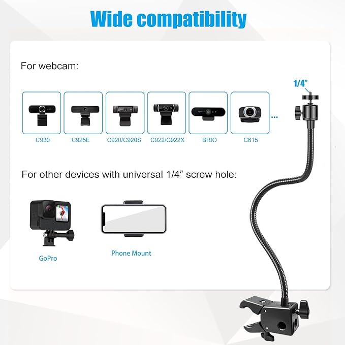 Webcam Stand, Webcam Mount Gooseneck Arm with Phone Holder Web Camera Stand Desk Mount Clip Clamp for Logitech Webcams C922 C930e C920S C920 C615 C960 C920x BRIO 4K NexiGo N60 and More - Image 4