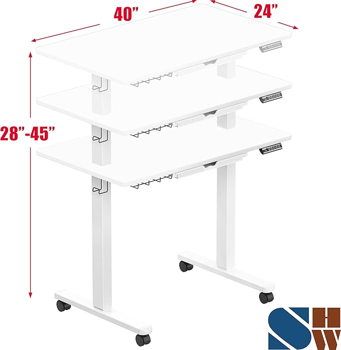 SHW Mobile Electric Height Adjustable Standing Desk w/Drawer, White | 40" Wide Top | w/ Memory Presets and Cable Management | Drawer with adjustable compartments | Hanging Hooks - Image 3