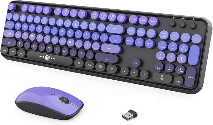 Wireless Keyboard and Mouse Combo, 104 Round Keys Cute Colorful Keyboard and Mouse with Retro Typewriter for PC Mac Laptop Tablet Computer Windows Black Purple by TT-FOPETT