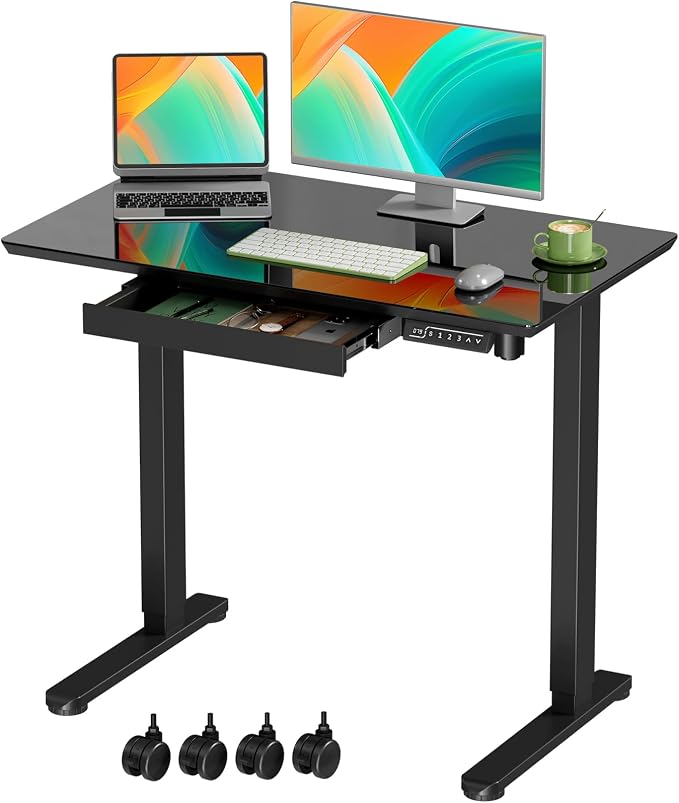 35” Black Glass Standing Desk Height Adjustable with Drawer | Electric One-Piece Rising Whiteboard Table on Lockable Wheels, Mobile Small Rolling Laptop Cart for Work, Drawing, Crafting by GIBBONMOUNTS