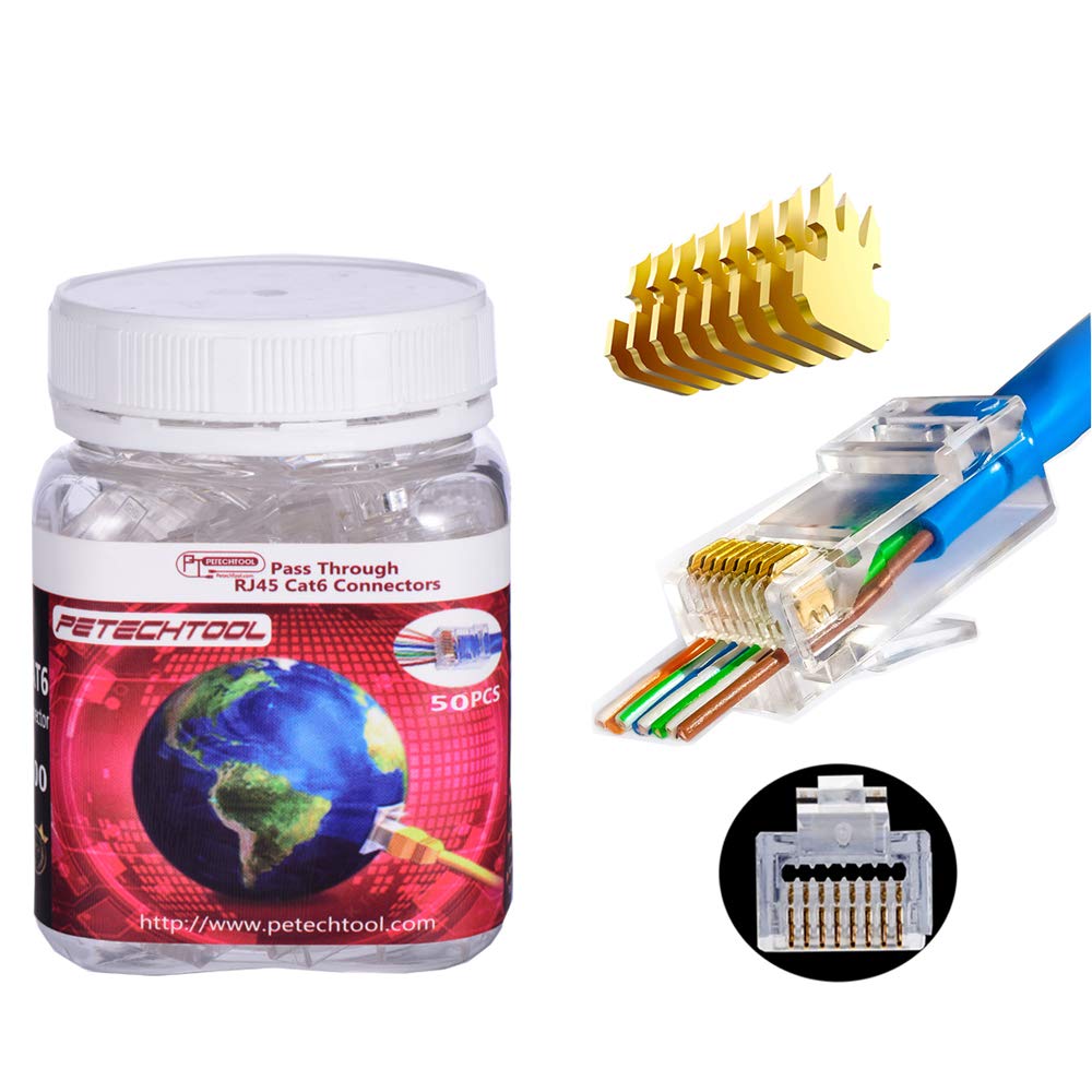 RJ45 Cat5 Cat6 Pass Through Connectors 8P8C Ehternet Modular End Plug (50 Pieces) by PETECHTOOL