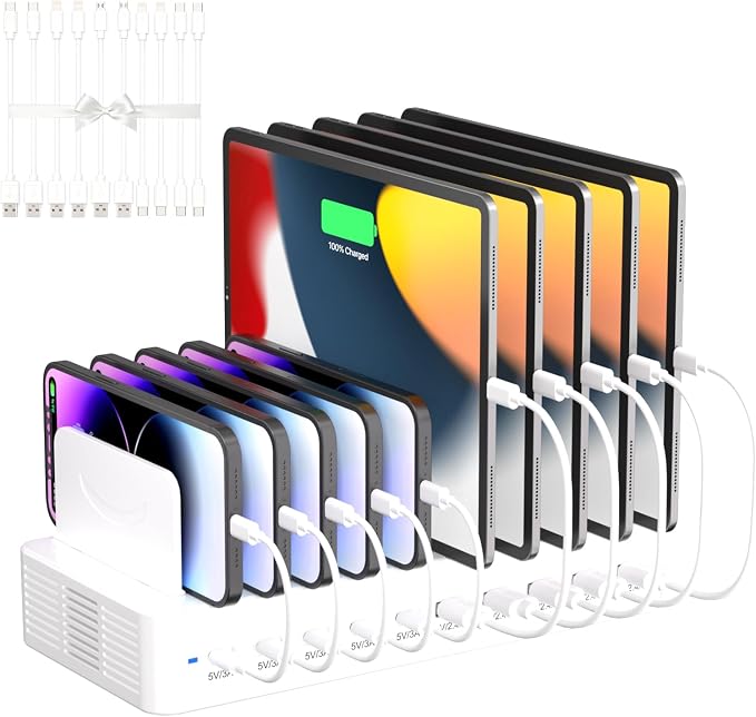 100W Charging Station for Multiple Devices, 10-Port USB Fast Charger, White | with Adjustable Dividers & 10 Cables- Multi Device Organizer Charging Dock for iPhone, iPad, Tablets & More by HomePage