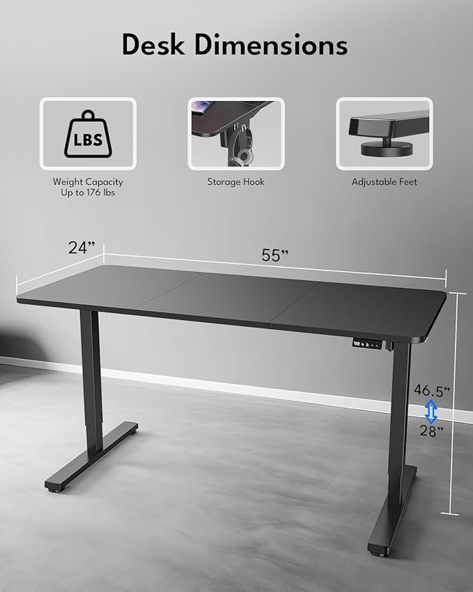 Large Electric Standing Desk, Gaming Desk, 55 x 24 Inch, Black | Height Adjustable Computer Desk with Smart Controller, Sit and Stand Up Table for Home, Office, Work, Study, Writing - Image 2