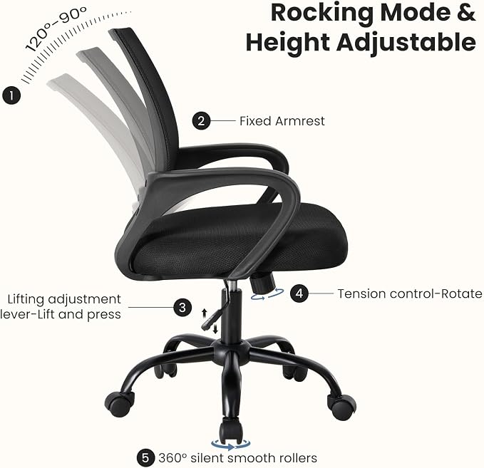 DUMOS Ergonomic Office Chair, Mid-Back Executive Desk Chair 2 Pack | Comfortable Lumbar Support, Breathable Backrest, Fixed Armrest, Height Adjustable, 360° Swivel, Computer Gaming, Black - Image 4
