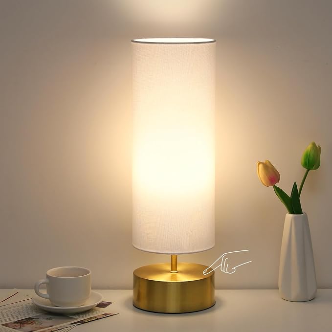 3-Way Dimmable Table Lamp, Touch Control Gold Bedside Lamp with White Shade | Modern Nightstand Touch Lamp, Simple Side Table Lamp, Night Light for Bedroom Living Room Kitchen, LED Bulb Included by Seasidevillage