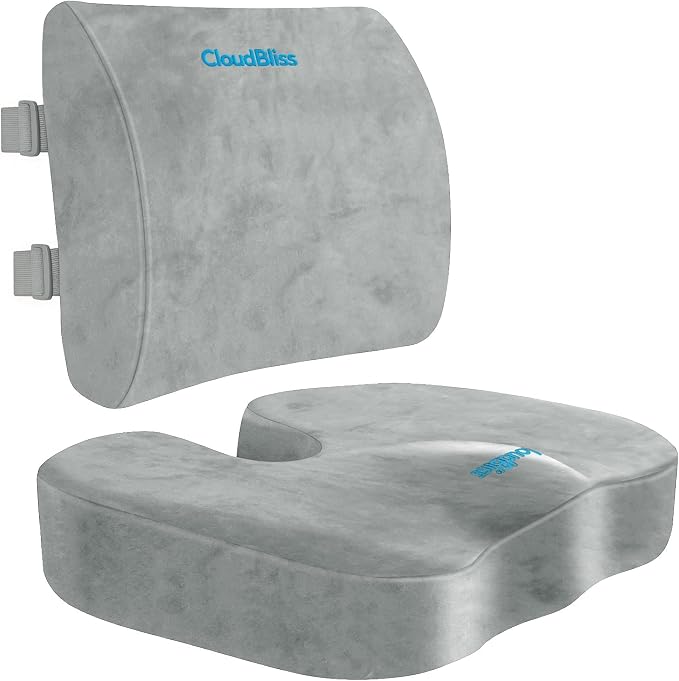 CloudBliss Ergonomic Seat Cushion & Lumbar Support Pillow Set, Light Grey | Back Pain & Sciatica Relief, Memory Foam Support, Adjustable Straps, Machine Washable Velvet, Perfect for Office, Car, Gaming by CloudBliss
