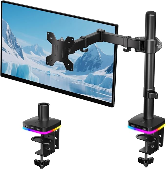 Afaloona RGB Monitor Arm with USB Hub for 13-27" Monitor, up to 17.6 lbs | Monitor mount with 1 USB-C and 2 USB-A ports supports charging and data transfer for office setups, gaming and workstations by Afaloona