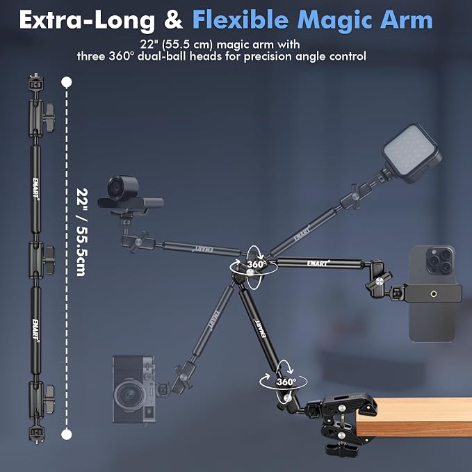 EMART 21" Magic Arm Clamp Kit with Super Clamp, 1/4" 3/8" Threads for ARRI, Flexible Camera Desk Mount, Adjustable Articulating Boom Arm for Webcam/Mic/Action Camera/Phone/Video Light - Image 4