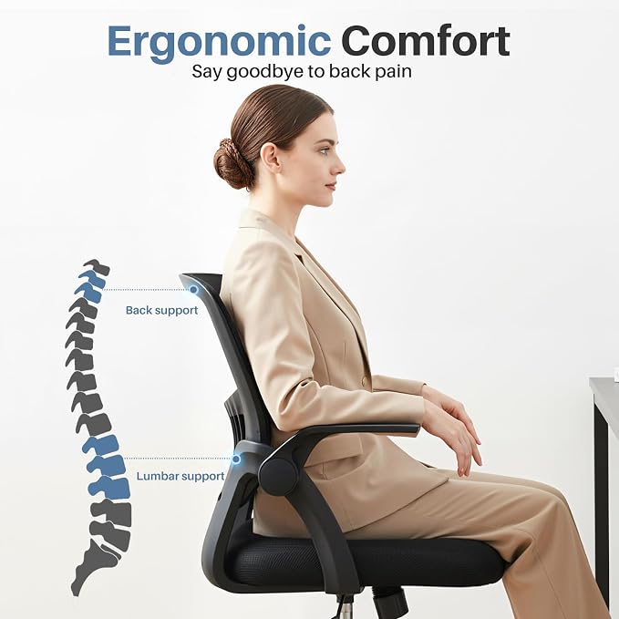 DUMOS Home Office Desk Chair, Computer Lumbar Support Chair | Ergonomic Mesh, Flip-up Armrest Height Adjustable, Rocking Mode 360 Swivel, Meeting Room, Black - Image 5