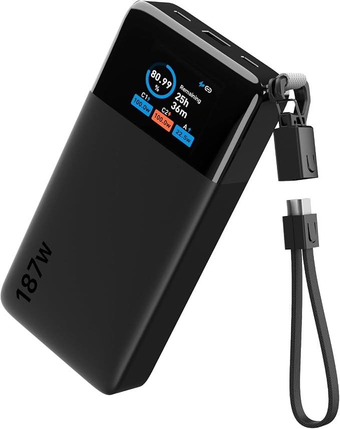 JUOVI 187W Portable Charger for Laptop Power Bank 25000mAh with USB-C Cable | TSA-Approved, App Control,Fast Charging Battery Pack for Laptop MacBook Dell XPS iPhone 17/16/15/14 Series Samsung and More by JUOVI