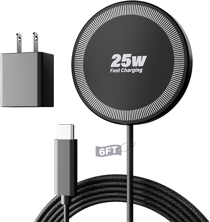 25W Magnetic Wireless Charger, 6FT Fast Charging Pad Wireless Charge for iPhone 17 16 /AirPods3/2/Pro/for Galaxy S26 Ultra/Pixel 10 Series, Portable Charger for Desk& Travel(1Pack,Black) by WAYLITEWirelessCharger