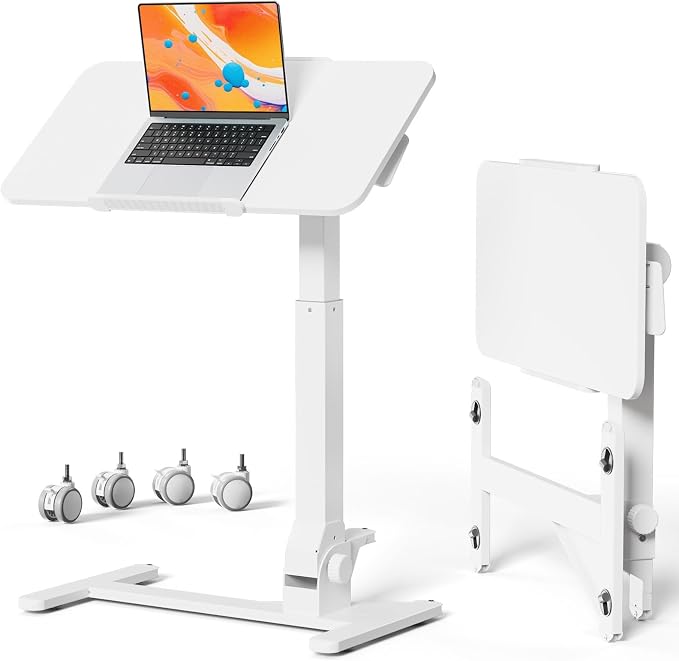 JOY worker Foldable Mobile Standing Desk on Wheels, 180° Tilt Bedside Table | Height Adjustable, 31.5" White MDF Board with Lips, Collapsible Top & Base for Storage, Rolling Laptop Desk for Home Hospital by JOYworker
