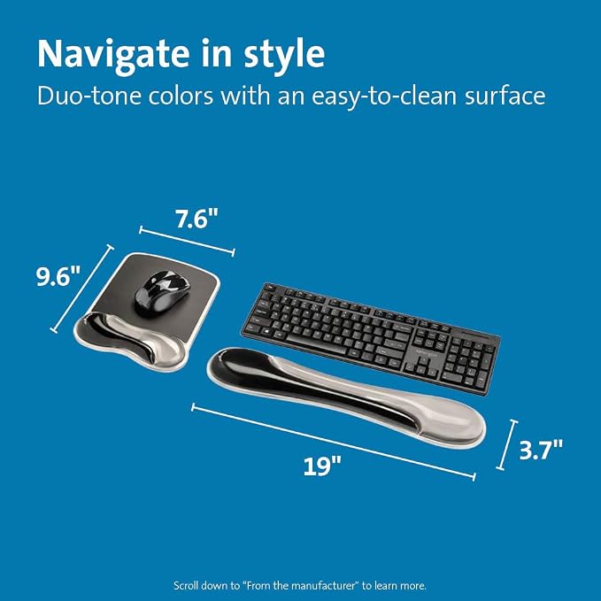 Kensington Mousepad and Wrist Rest, Practical, Gel Pillow, 11-2/5"Wx17-7/10"Lx1-7/10"H,GY (KMW52500) Each, Gray | Gel pillow cushioning, 11-2/5 x 17-7/10 x 1-7/10 in, comfortable everyday mouse support - Image 2