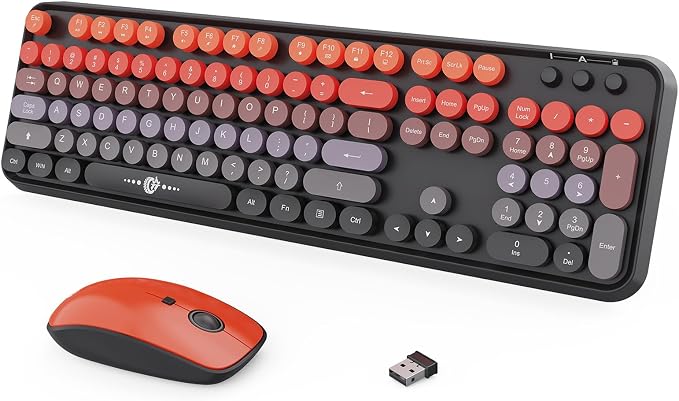 Wireless Keyboard and Mouse Combo, 104 Round Keys Cute Colorful Keyboard and Mouse with Retro Typewriter for PC Mac Laptop Tablet Computer Windows Black Red by TT-FOPETT