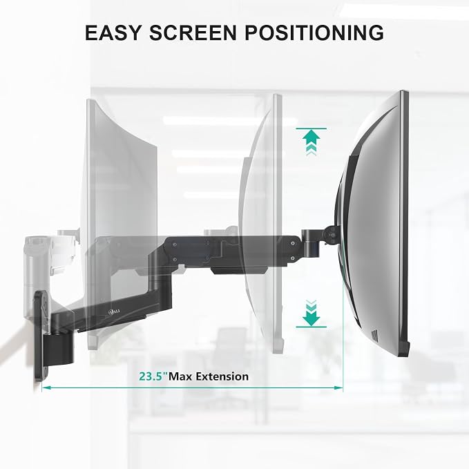 WALI Monitor Wall Mount for 13-49 inch Ultrawide Screens, up to 44 lbs | Heavy Duty Ultrawide Monitor Arm, Wall Mounted, Full Motion with Tilt, Swivel, Rotation, VESA 75/100mm (GSWM001-P), Black - Image 5