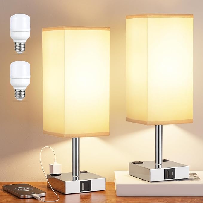 Set of 2 Grey Touch Table Lamp for Bedroom, Dimmable, USB C+A, 2 AC Outlets | 3-Way Dimming, 3000K Bulb Included, Square Grey Lampshade and Silver Base, Desk Lamp for Nightstand, Living Room, Dorm - Image 7