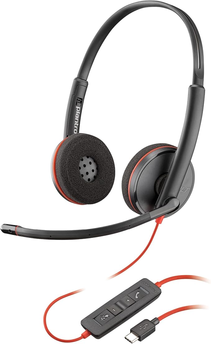 Poly Blackwire 3220 Wired Headset with Mic, Hi-Fi Stereo Sound, Noise-Canceling Mic, Stereo Design, Connect to PC via USB-C & USB-A Adapter, Over-Ear Design, Works with Virtual Meeting Platforms by Poly