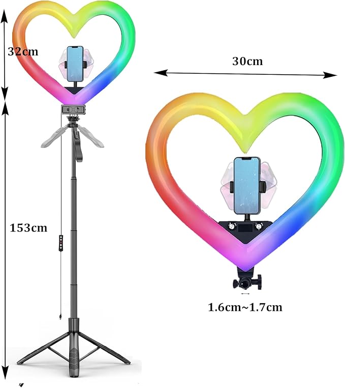 Heart Ring Light, 13" Desk Ring Light with Extendable Selfie Stick Stand for Laptop Video Conference Lighting with Phone Holder Height Adjustable 47 Color Modes for Live Stream/Makeup Compatible - Image 8