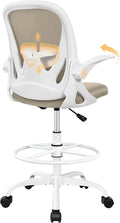 Drafting Chair Tall Office Chair with Flip-up Armrests Executive Ergonomic Computer Standing Desk Chair with Lumbar Support and Adjustable Footrest Ring（Khaki） by Primy
