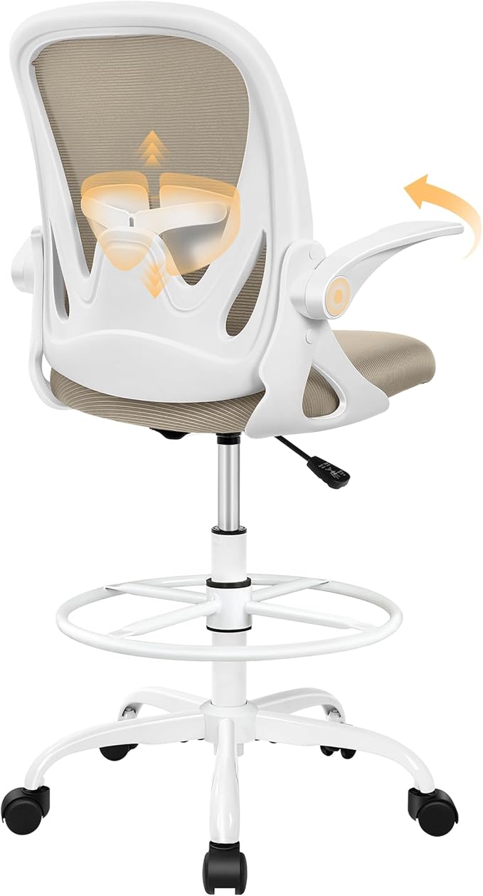 Drafting Chair Tall Office Chair with Flip-up Armrests Executive Ergonomic Computer Standing Desk Chair with Lumbar Support and Adjustable Footrest Ring（Khaki） by Primy