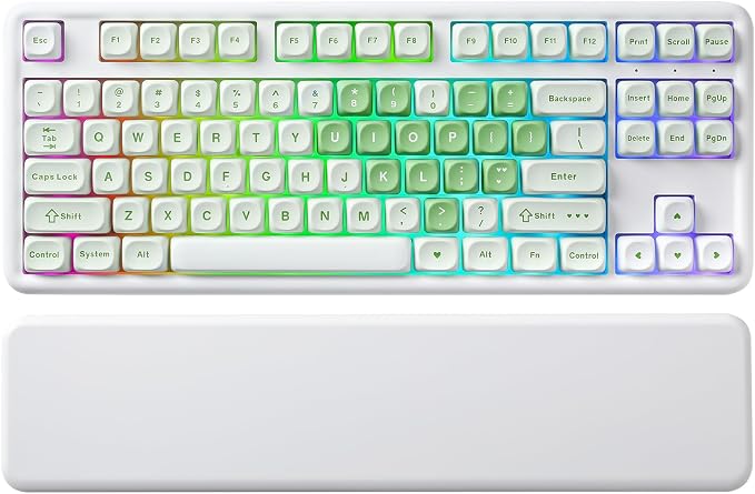 YUNZII B87 TKL Wireless Mechanical Keyboard (Matcha Heart, MilkV2) | QMK/VIA, Wrist Rest, CreamyTyping, Cute MOA Keycaps, Gasket Mount, Hot Swap, RGB Backlit, NKRO, BT/2.4G/USB-C, for Win/Mac by YUNZIIMECHANICALKEYBOARD