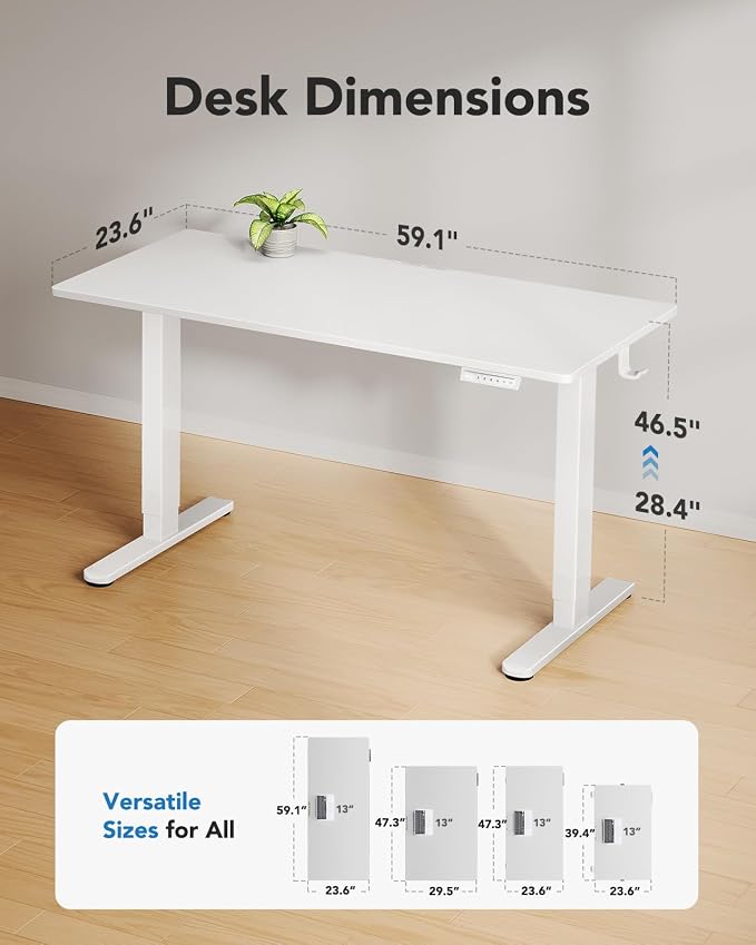 HUANUO Electric Standing Desk, Whole Piece Desktop, Adjustable Height Computer Desk, 4 Height Memory Settings, Sit Stand Up Desk for Home Office, 60" x 24", White - Image 3