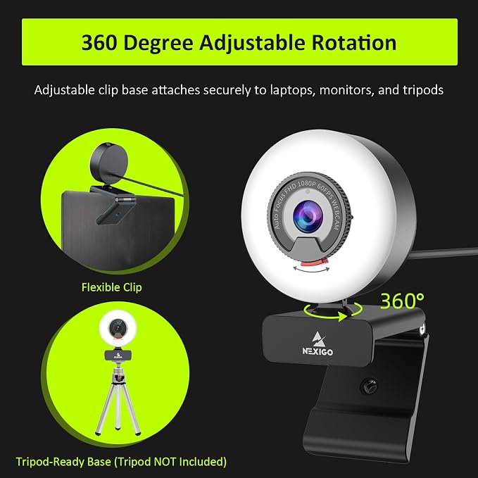 NexiGo N960E 1080P 60FPS Webcam with Light, Software Included, Fast AutoFocus, Built-in Privacy Cover, USB Web Camera, Dual Stereo Microphone, for Zoom Meeting Skype Teams Twitch - Image 8