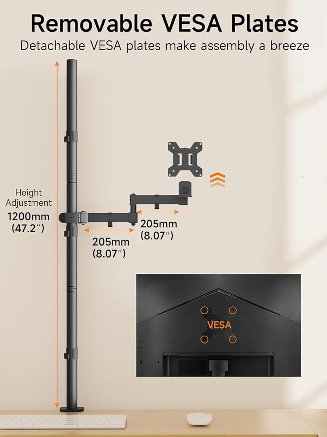 Monitor Mount Single Fully Adjustable Arm Monitor Arm Fits One Screen 13-32 inch 22lbs for Computer Screen 13 15 17 19 20 22 23 24 26 27 30 32 inch VESA 75 100 (MD71221) - Image 4