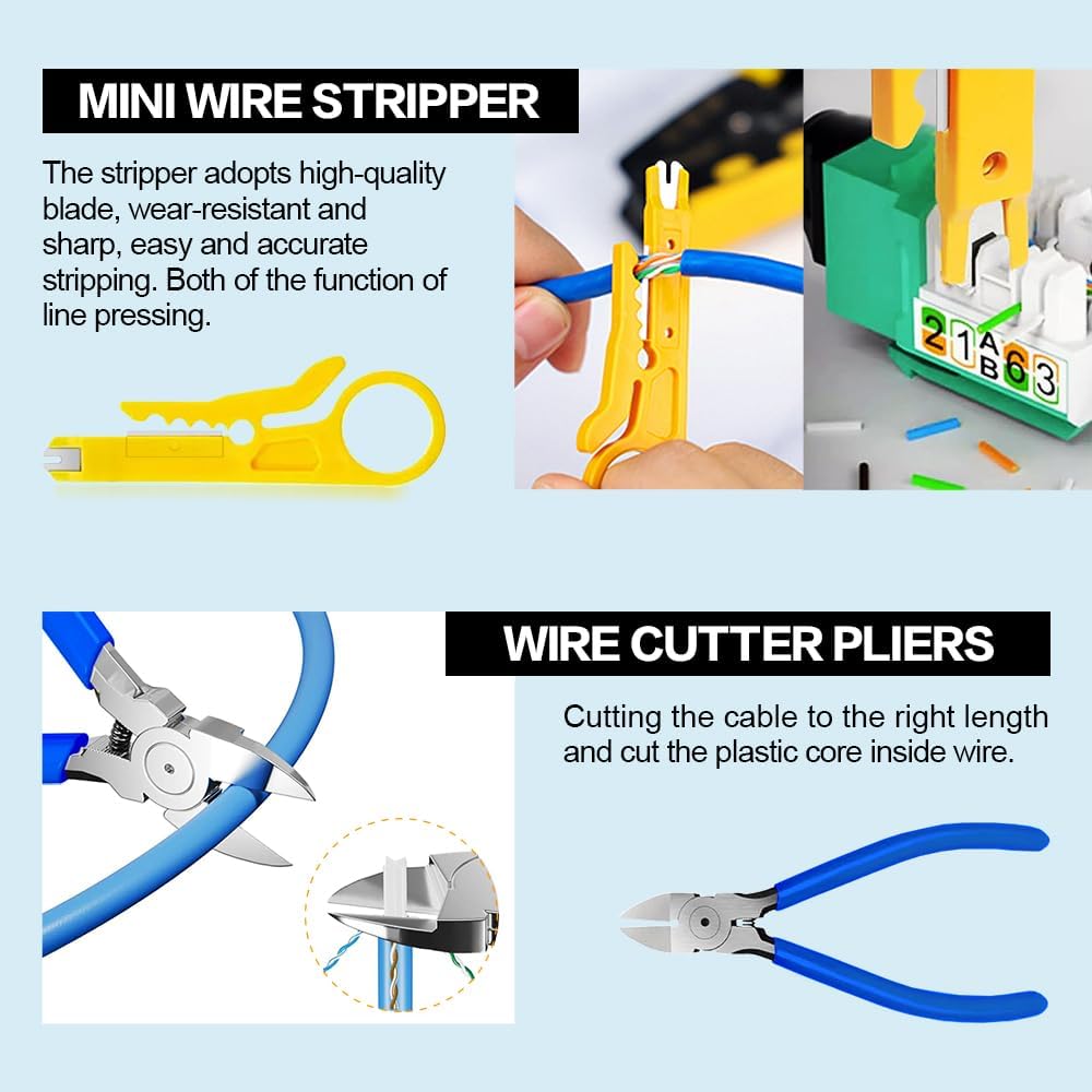 Ethernet Crimping Tool RJ45 /RJ11 Crimp Tools,CAT5 Cat5e Cat6 RJ45 Crimping Tool Kit With Multiply Cable Stripper, Blades,50PCS Cat6 Connectors, 50PCS Boots,Wire Cutter - Image 4