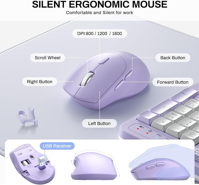 Wireless Keyboard and Mouse Combo,2.4G Ergonomic Wave Keys(Purple-B) | Full Size Cordless Keyboard with Wrist Rest,3-Level DPI Ergonomic Mouse for Office and Home,Windows/Mac OS/Desktop/Laptop/PC - Image 7