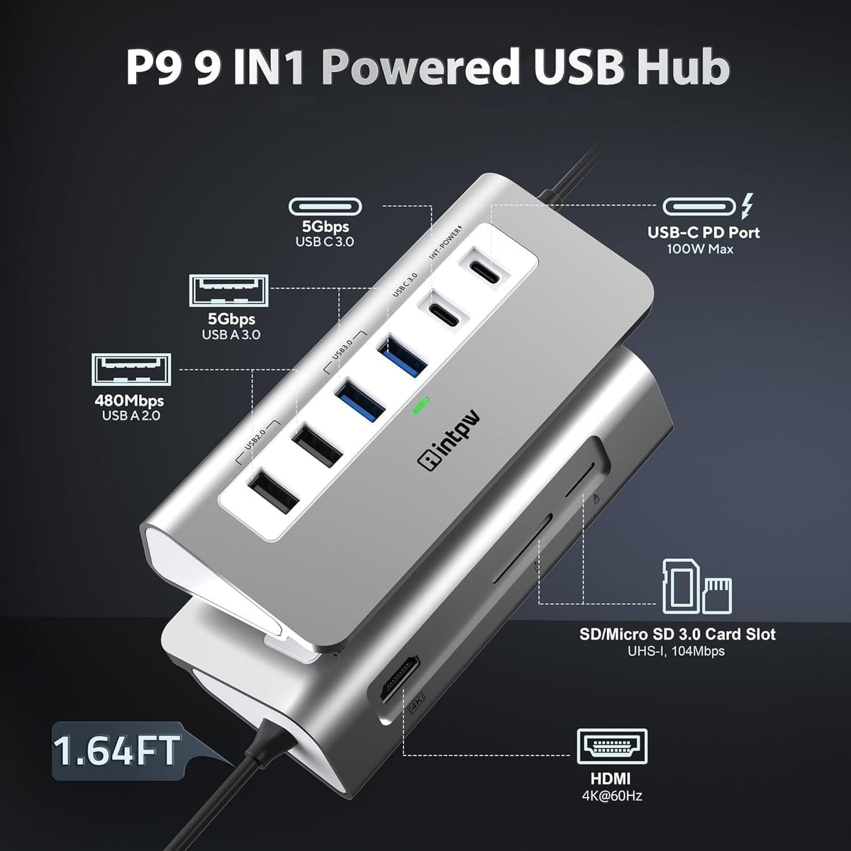 USB C Hub 9-in-1, 28° Ergonomic Aluminum Hub, 4K@60Hz HDMI, PD 100W - Image 2