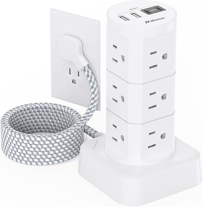 Power Strips with Surge Protection, Flat Plug Power Strip Tower | Charging Station 12 Outlets 4 USB Ports, 1080J 6Ft Extension Cord with Multiple Outlets, Office Supplies, Dorm Essentials by Mifaso
