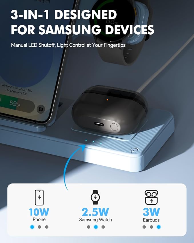 3-in-1 Charging Station for Samsung, Foldable Wireless Charger Stand | Android Phone and Watch Charger for Samsung S26/S25/S24/S23/S22/S21, Note 20/10, Z Fold 6/5, Galaxy Buds and Watch-Blue - Image 7
