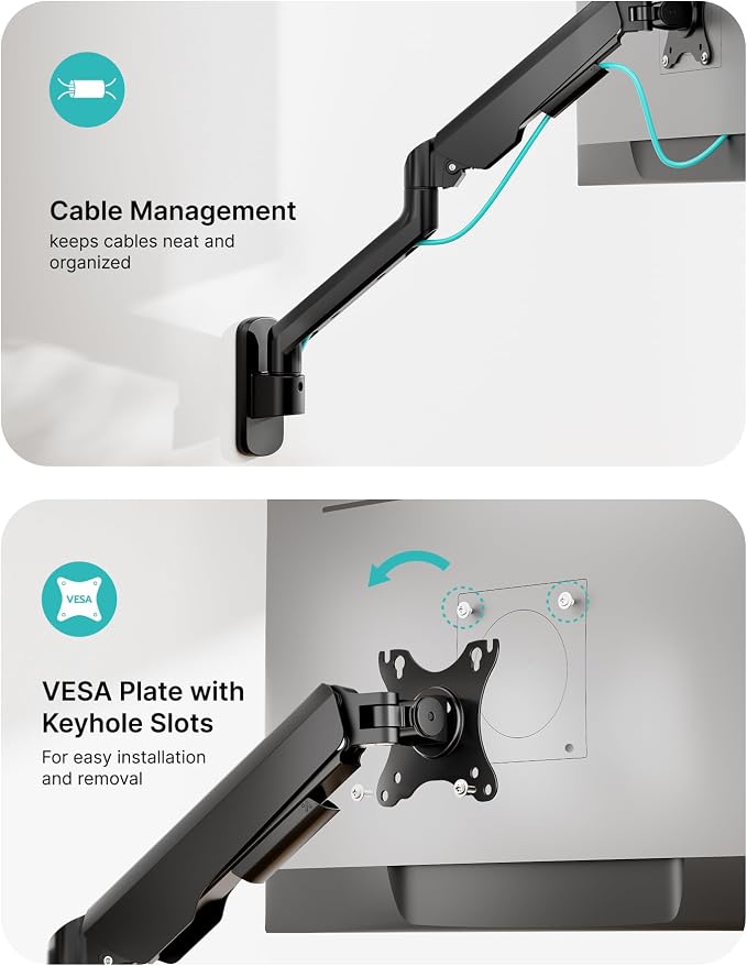 PEGZONE Single Monitor Wall Arm 17"-40" Ultrawide 26.4Lbs VESA Black | Fully Adjustable, Space Saving Design, VESA 75x75 & 100x100, For Home Office Gaming, Supports Ultrawide Displays - Image 7
