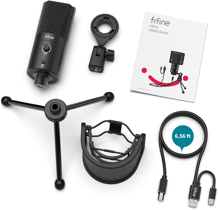 FIFINE K683A USB Desktop PC Microphone for Recording Streaming | Studio Condenser Mic, Gain Knob, Mute Button, Headphone Jack, Extra USB-C Plug, Pop Filter for Computer and Mac - Image 6