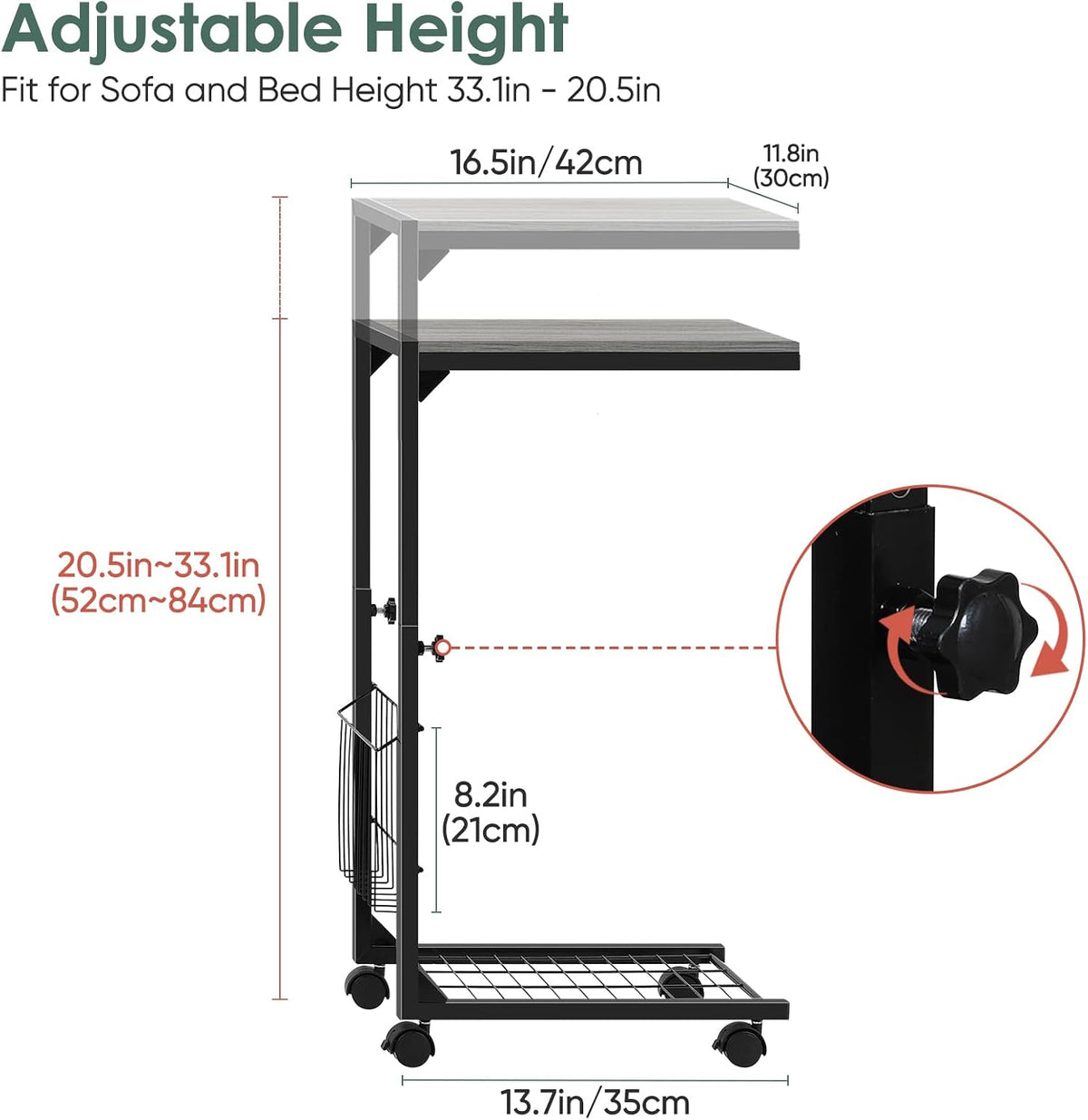 C Shaped End Table with Wheels - Image 2