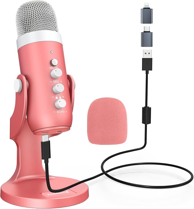 ZealSound Podcast Microphone, Noise Cancellation Mic with Gain, Volume Adjustment & Mute Button, Monitor & Echo, for ASMR, Vocal Recording, YouTube, TikTok, PC, iPhone, iPad, Android, Pearlescent Pink by zealsound