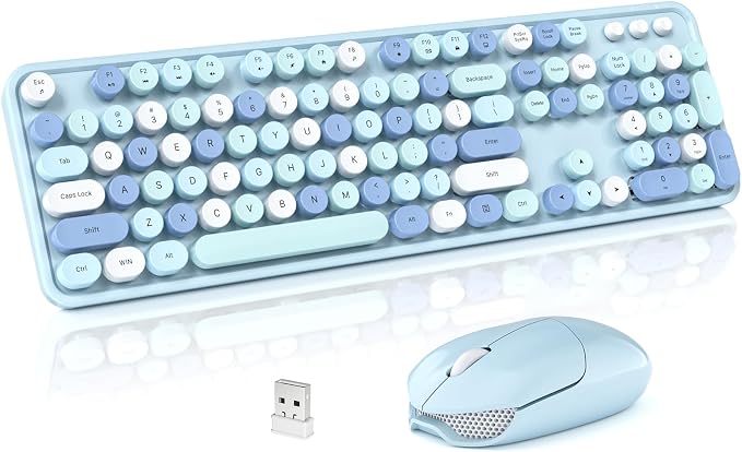 Wireless Keyboard and Mouse Combo, 2.4GHz Retro Full-Size Typewriter Keyboard with Number Pad and Wireless Mouse for PC/Laptop/Desktop/Windows (Pale Blue) by Unknown