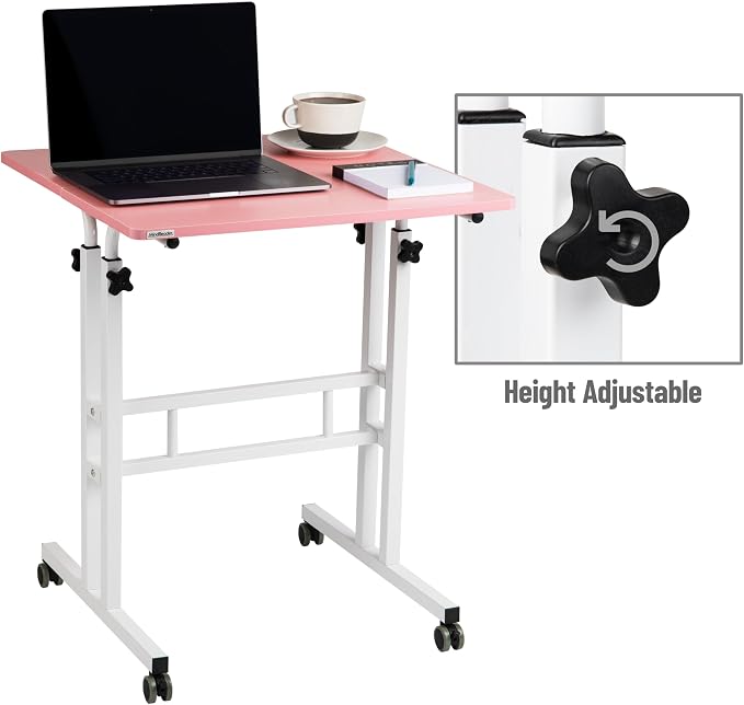 Mind Reader Standing Desk, Adjustable Height Laptop Workstation, Portable Rolling Desk on Wheels, Two-Tier Metal Frame, Pink - Image 4